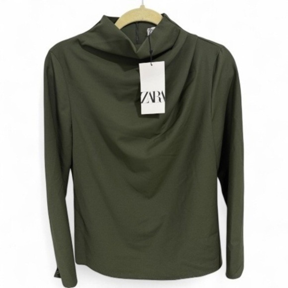 Zara Olive Green Mock Neck Long Sleeve Top Minimalist Elegant Blouse